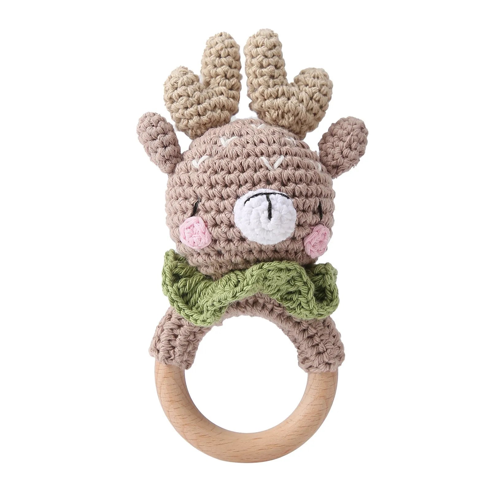Brown deer crochet and natural wood baby teething ring toy for infant relief.