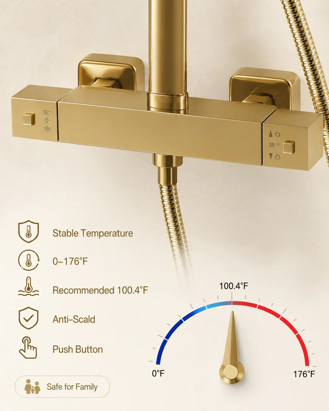 Thermostatic Shower System with Rain Shower Head, Gold Brass Shower Column Set, 304 Stainless Steel 180° Rotating Overhead Shower, 2-Button Temperature Control 0-176°F, Height Adjustable, Anti-Tangle Hose, for Hotel Home KT