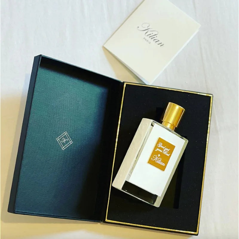 Kilian Good Girl Gone Bad 50ml perfume in a black display box with a white textured bottle and gold cap.
