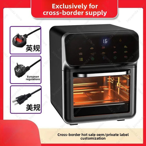 Large capacity black air fryer with touch screen and open roasting chamber window