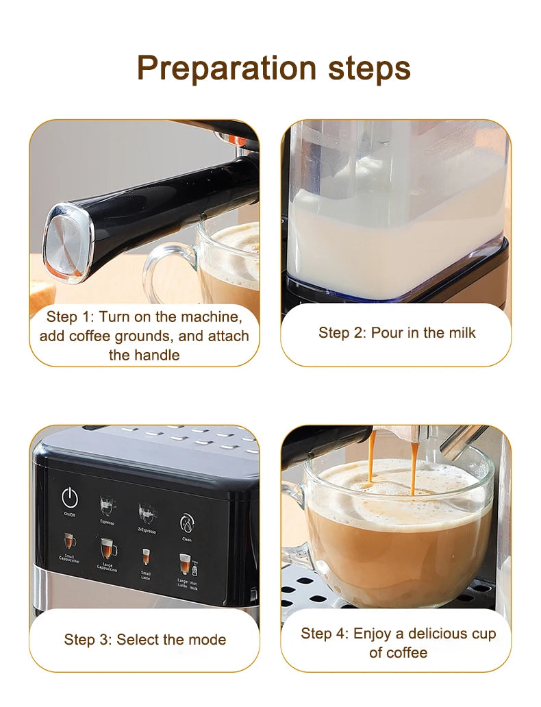 Black and silver espresso machine with milk frother showing step-by-step preparation for lattes and cappuccinos.