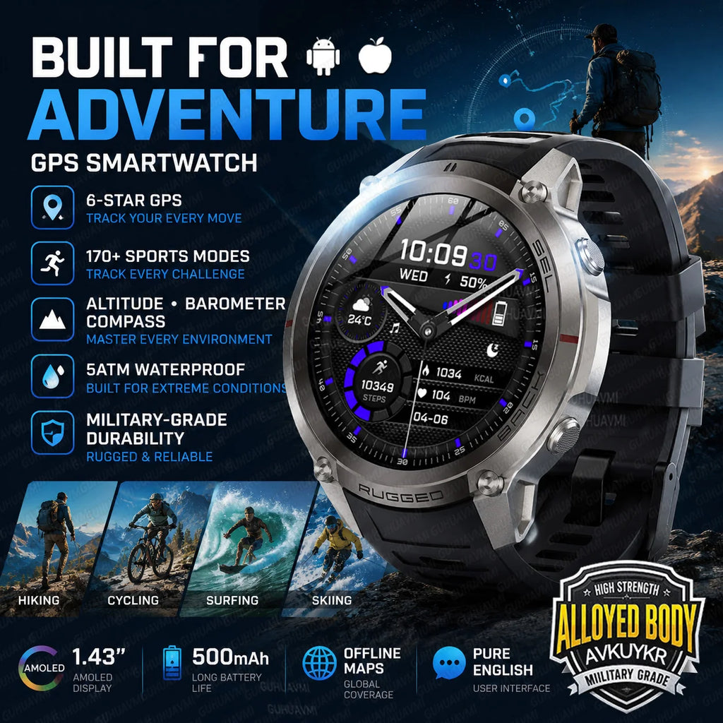New Rugged GPS Sport Smartwatch 1.43" AMOLED Screen 5ATM Waterproof Offline Map Compass 500mAh Smart Watch for Men Android iOS