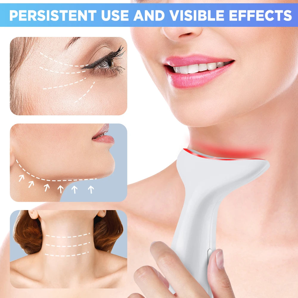White ergonomic EMS face and neck massager with red LED light, shown being used on skin with demonstration diagrams.