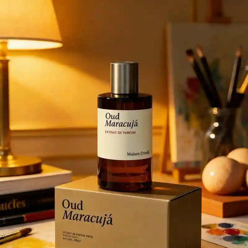 Maison Crivelli Oud Maracuja unisex Extrait de Parfum, luxury amber glass bottle, woody oud passion fruit fragrance.