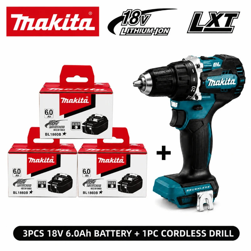 Makita 18V LXT Brushless Cordless Drill DDF487 + BL1860B BL1840 6.0Ah Battery Pack OEM Original High Torque Power Tool Set EU Warehouse Fast Shipping