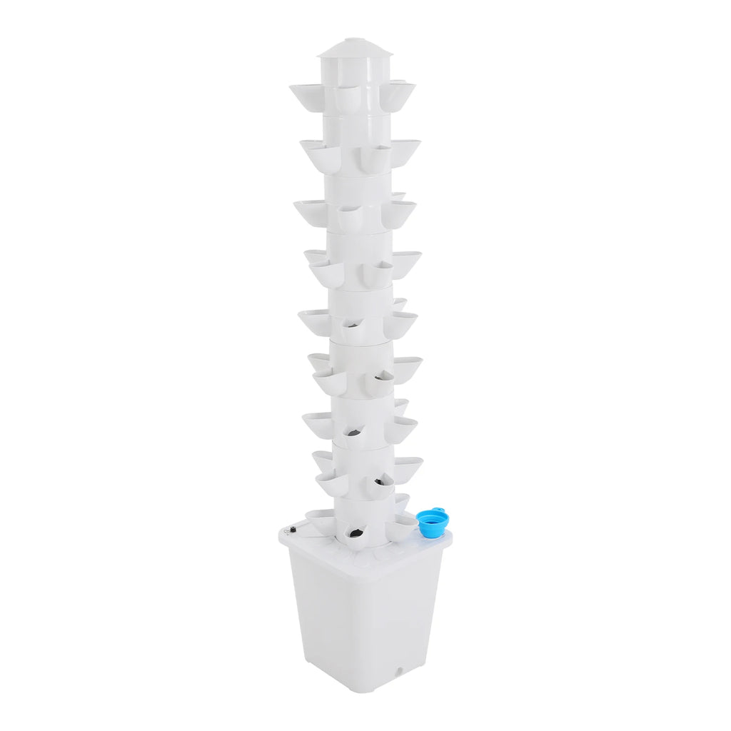 White vertical hydroponic growing system kit with stacked planting cups and blue reservoir