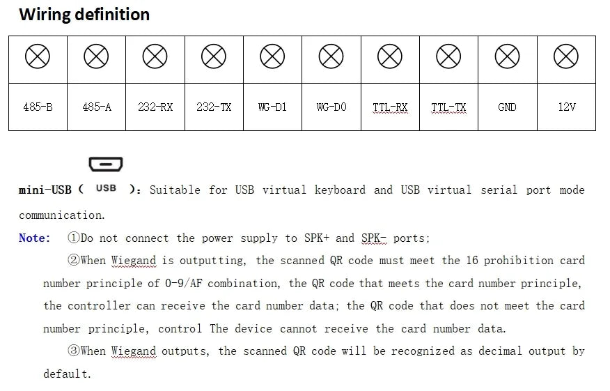 QR code reader wiring terminal diagram with labeled port connections