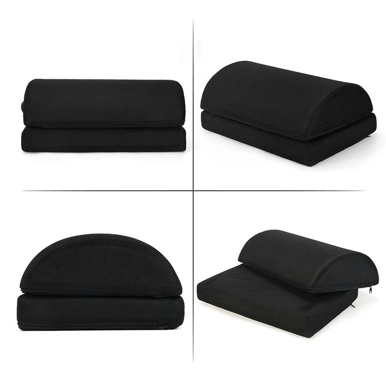 Black ergonomic under desk foot rest with adjustable foam cushion, breathable mesh cover for office or gaming chair.