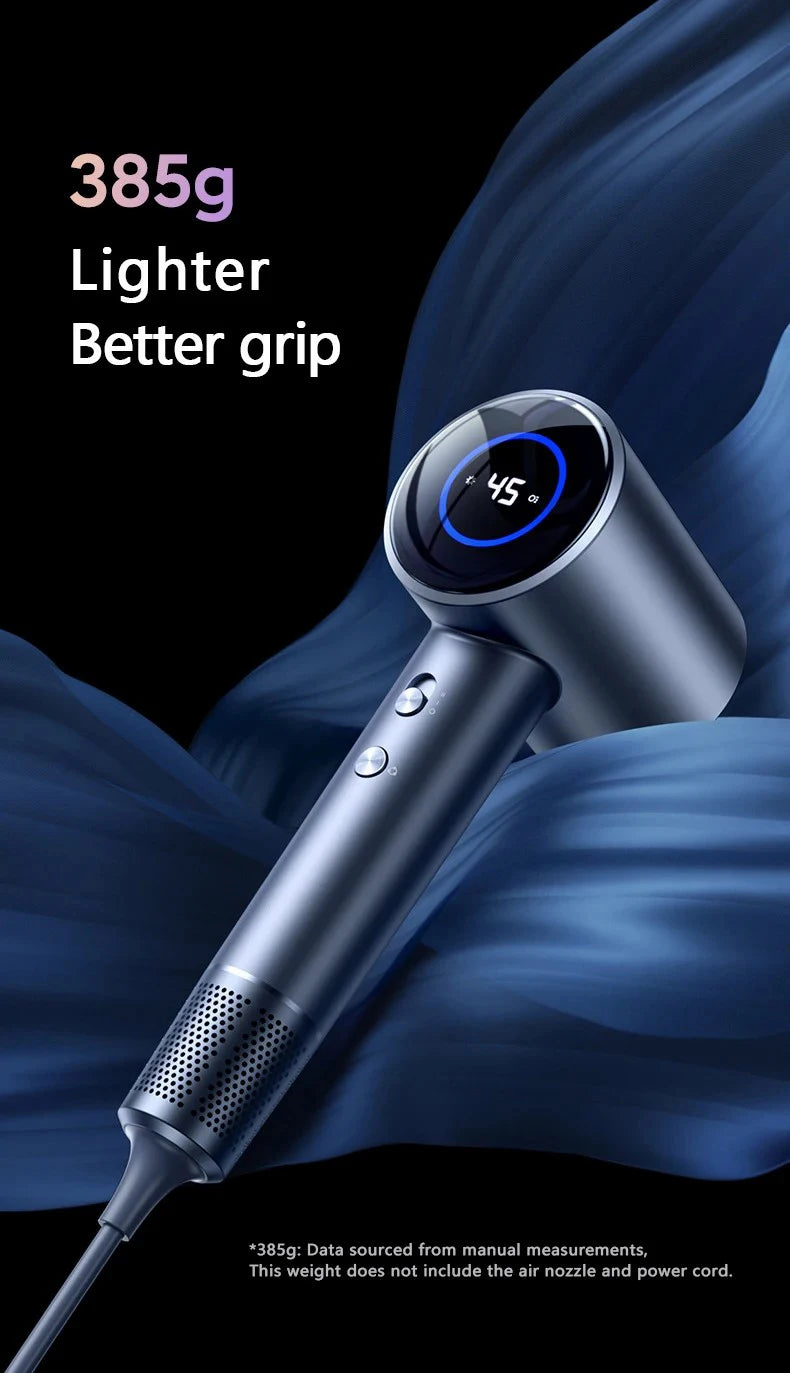 Grey high-speed anion hair dryer, 1600W, with LED temperature display and lightweight 385g ergonomic design.