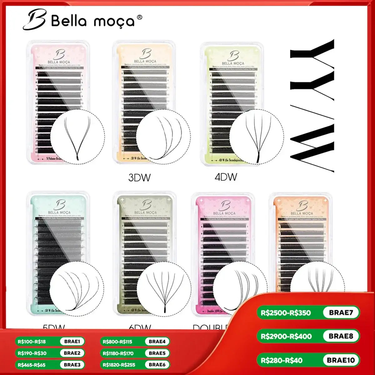 Six trays of black silk volume eyelash extensions in various YY and W styles, ranging from 3D to 8D.