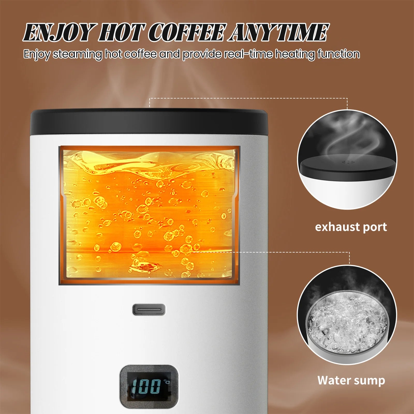 Portable electric coffee heater with digital temperature display, white finish, exhaust port, and internal water sump.