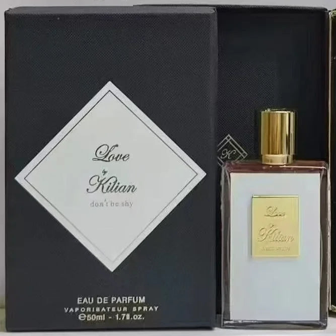 Kilian Love Don’t Be Shy 50ml perfume in a textured black gift box with gold cap and elegant white label bottle design.