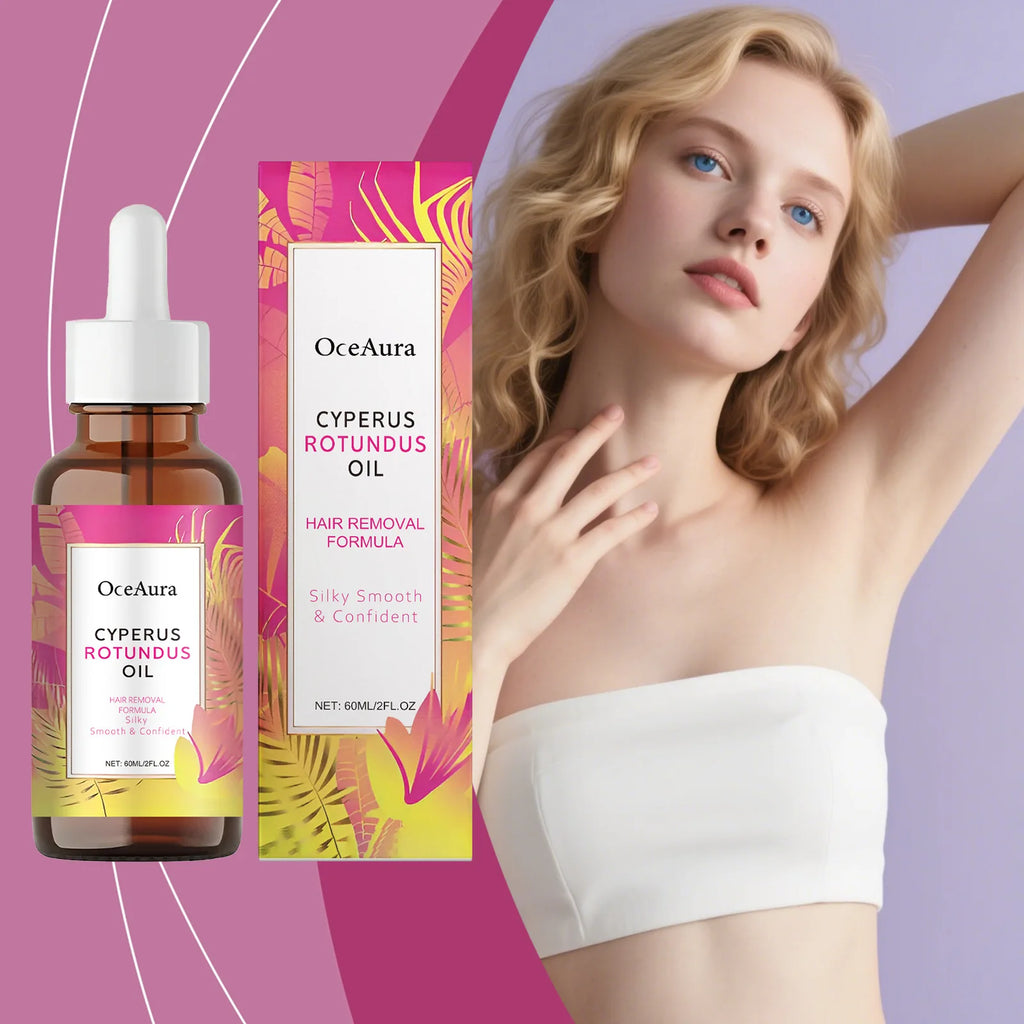 OceAura Cyperus Rotundus oil in amber dropper bottle for underarm hair removal and skin nourishment. Moisturizing serum.