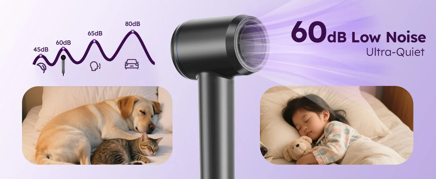 Black high-speed hair dryer, 110,000 RPM, 60dB quiet operation with negative ions for fast, gentle professional drying.