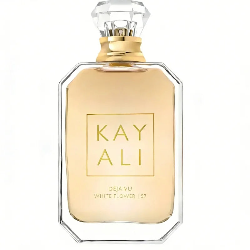 Kayali Déjà Vu White Flower 57 EDP: Unisex perfume in a sleek glass bottle with a crystal cap and gold accents.