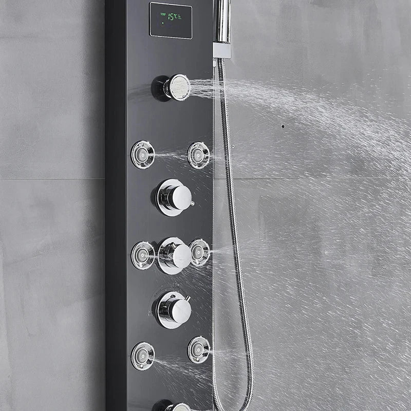 LED Shower Panel Waterfall Rain Digital Display Shower Faucet Set SPA Massage Jet Bathroom Column Mixer Tap Tower System