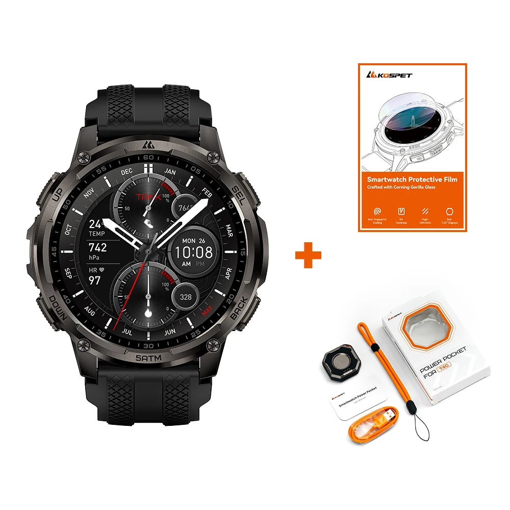 KOSPET TANK T4C Men's Military Smartwatch Rugged GPS Watch with Flashlight 5ATM Waterproof & All-Day Health Tracking