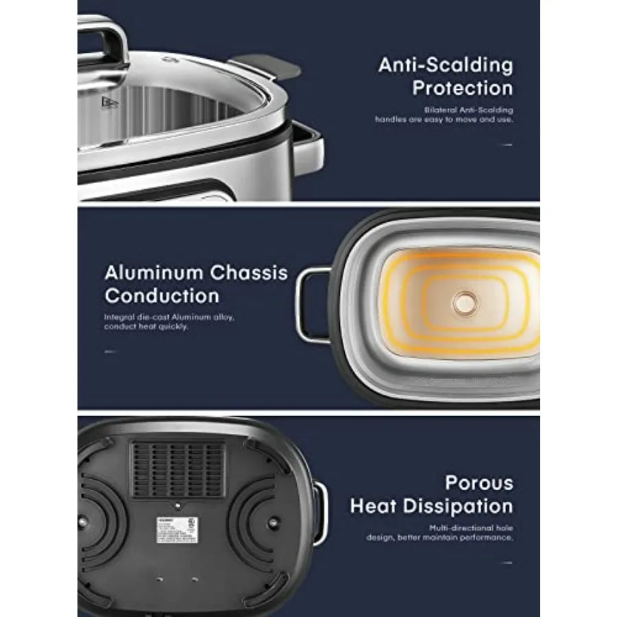 Silver slow cooker feature view: anti-scalding handle and heat-dissipation base