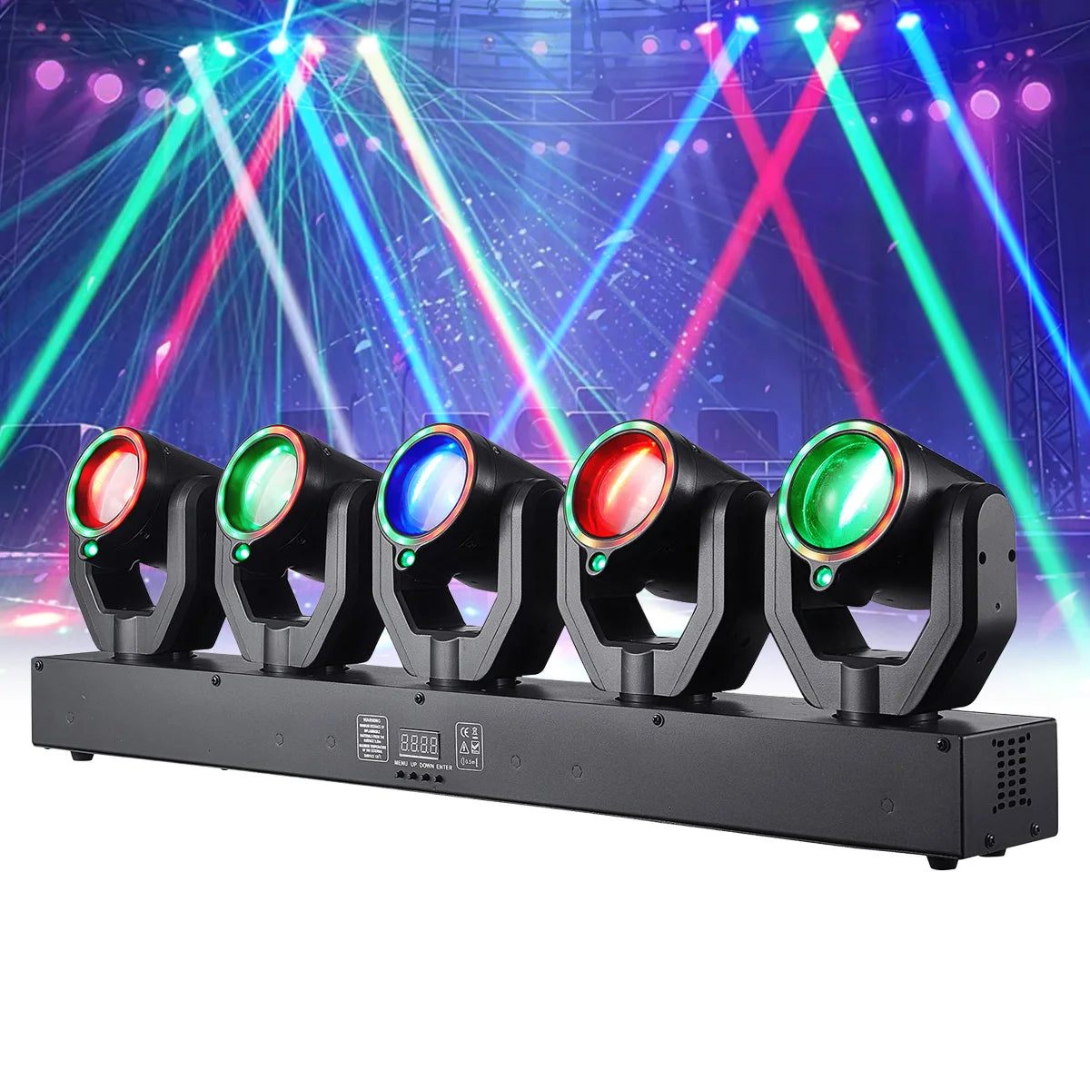 Five RGBW moving head beam lights on black base with circular colored lenses