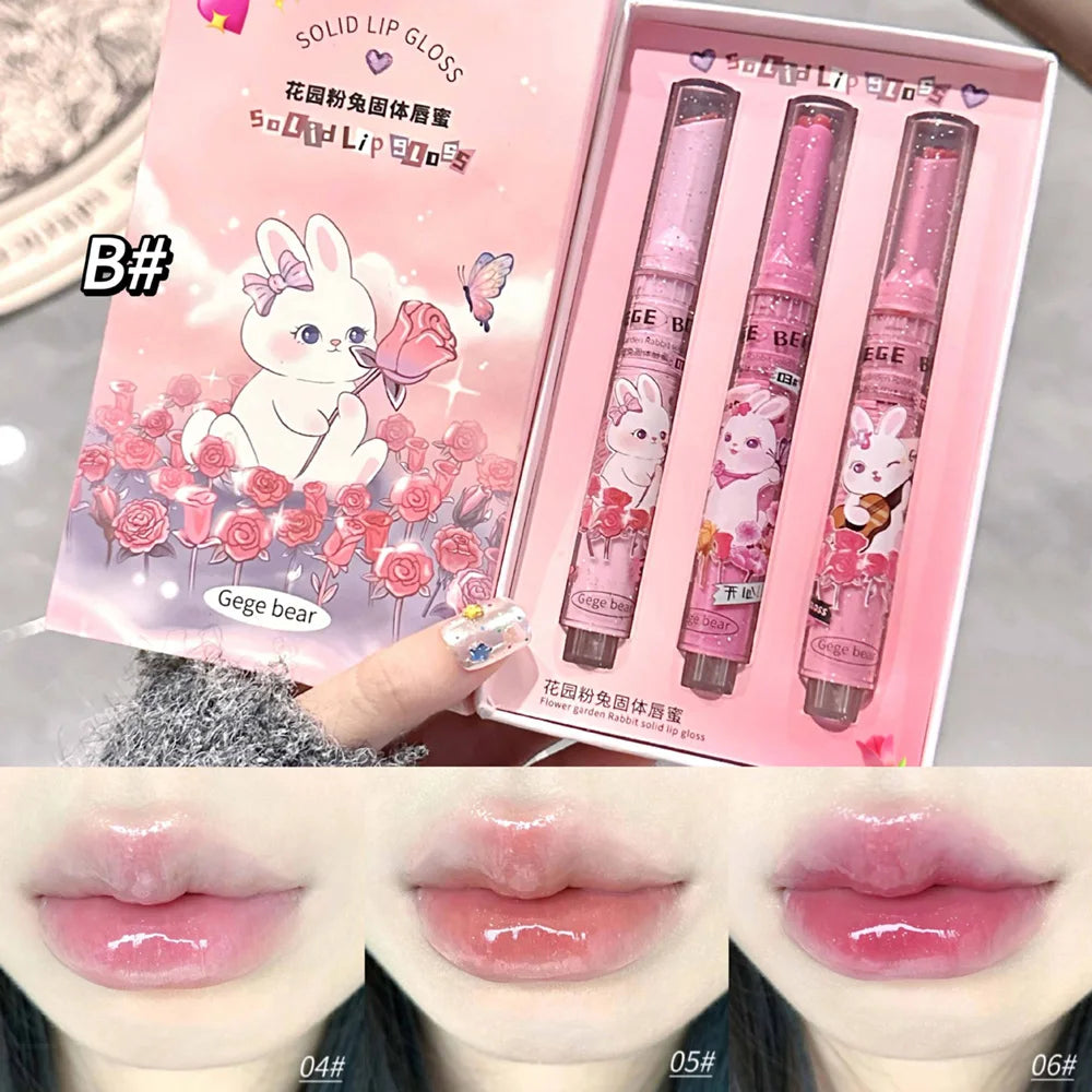 Gege Bear Garden Rabbit solid lip gloss set featuring three moisturizing, watery, tinted lip balm shades for glossy lips.