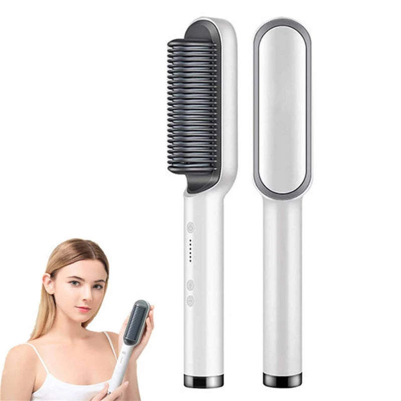White portable ceramic hair straightener brush for salon-quality styling with temperature control and ergonomic design.