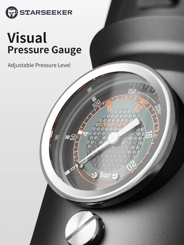 Starseeker espresso maker featuring a circular visual pressure gauge with adjustable metal dial on a black body.