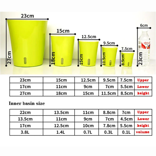 Lime green self-watering plant pot set in multiple sizes, each with a front water window