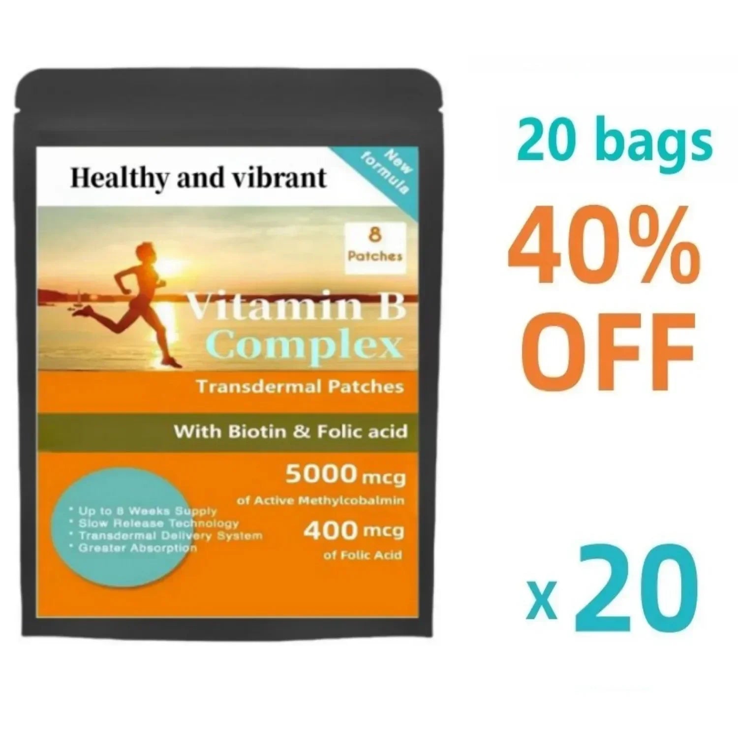 Vitamin B Complex Patches 8 Week Supply, Contains All 8 B Vitamins In Vitamins B1, B2, B3, B5, B6, B12, Biotin & Folic Acid