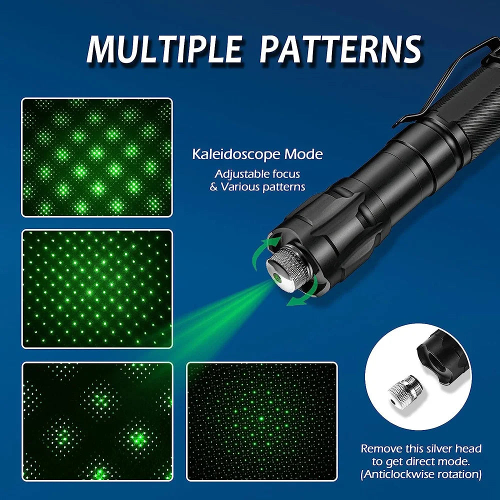 Green laser pointer for cats with 5 adjustable pattern caps for interactive pet exercise and training.