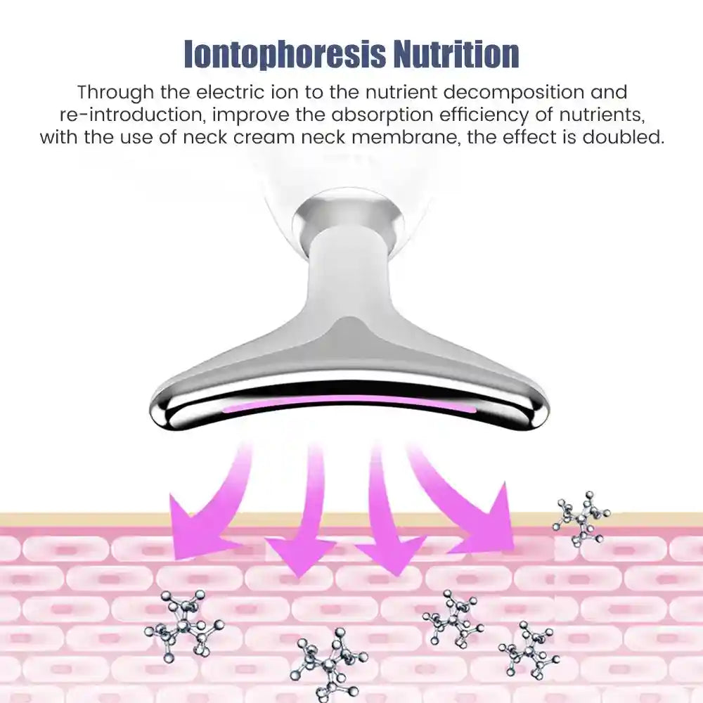 A silver, T-shaped facial massager head emitting purple light, shown applying nutrients into skin cell diagrams.