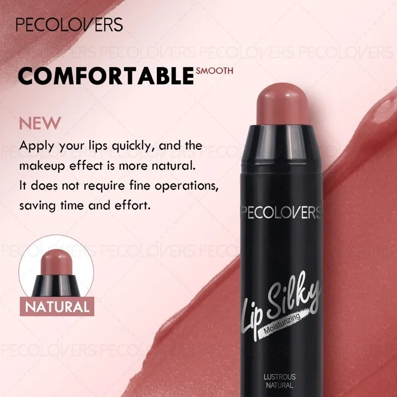 Pecolovers moisturizing lip silky lipstick pen in a natural nude-pink shade with a smooth, creamy texture.
