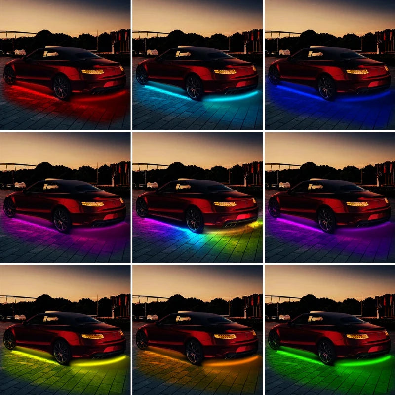 Multi-color LED underglow light strips installed on a red car to provide decorative, vibrant ground illumination.