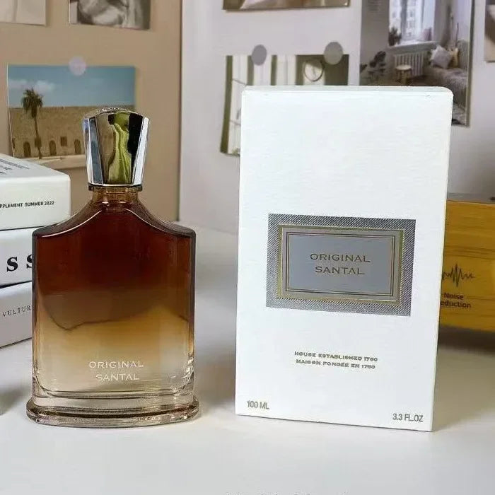 Original Santal 100ml luxury cologne for men & women. Gradient glass bottle with silver cap, woody oriental fragrance.