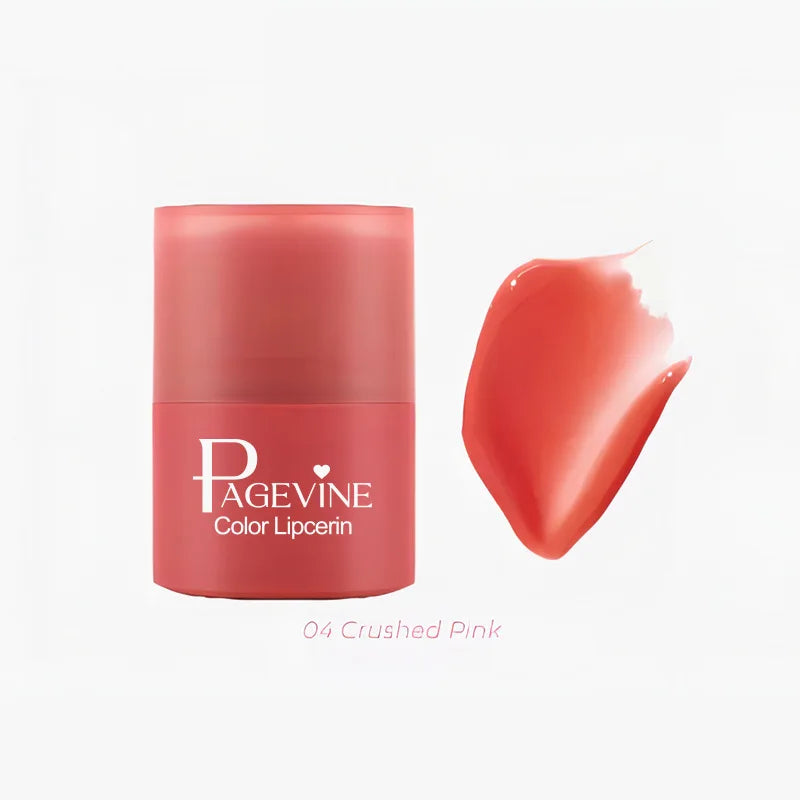 Pagevine twist-up hydrating lip balm in Crushed Pink with a glossy, non-sticky tinted swatch on a white background.