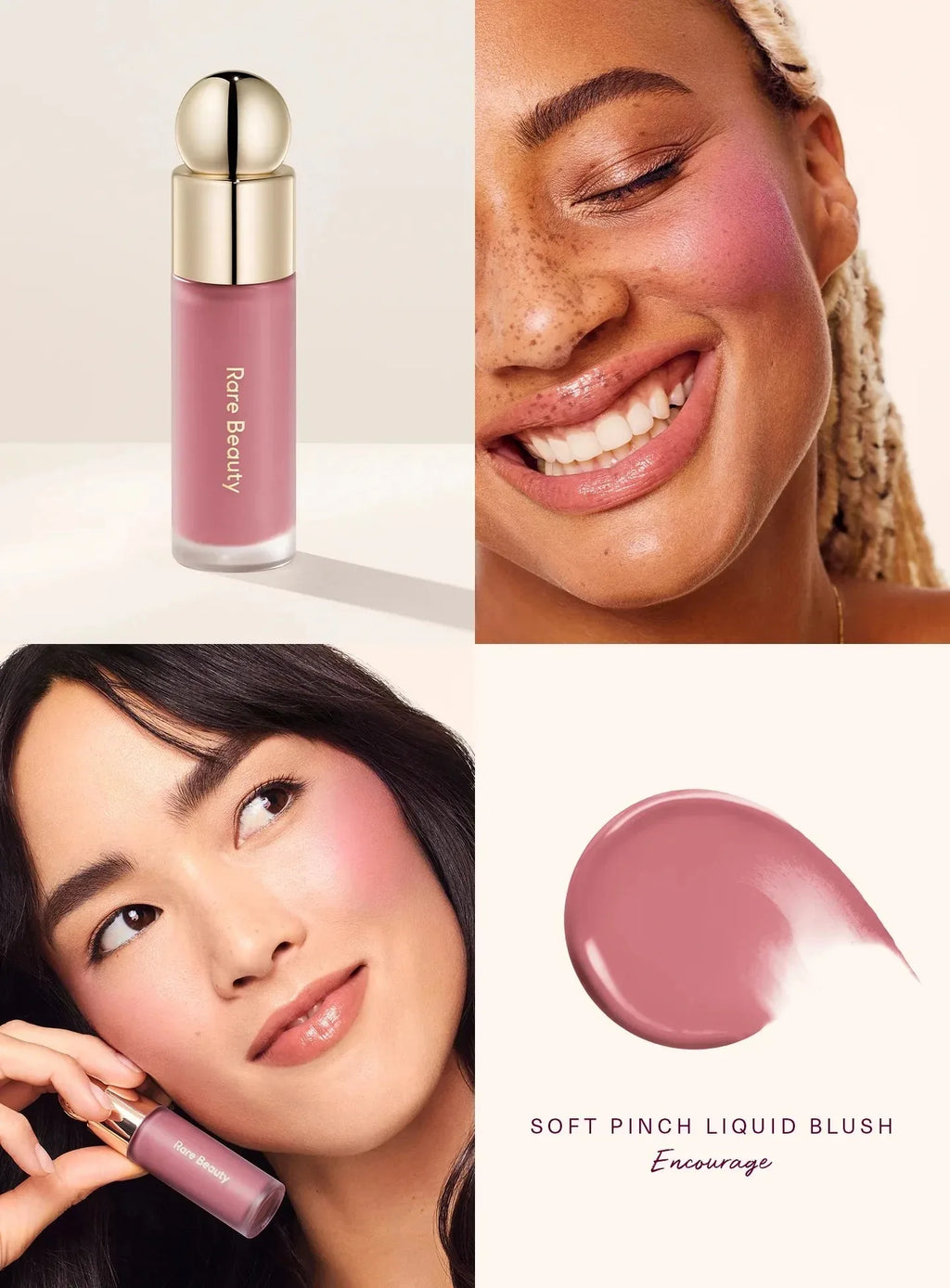 Rare Beauty Soft Pinch Liquid Blush in shade Encourage: a creamy, blendable rose mauve liquid formula for cheeks.
