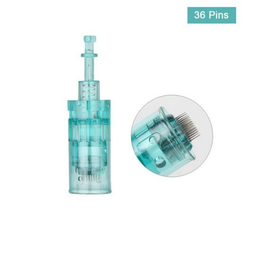 36-pin microneedling cartridge, translucent cyan plastic casing with fine stainless steel needles for skin therapy.