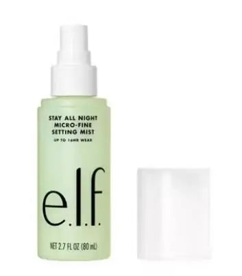 e.l.f. Stay All Night Micro-Fine Setting Mist in a pale green 80ml spray bottle with white cap, isolated on white.