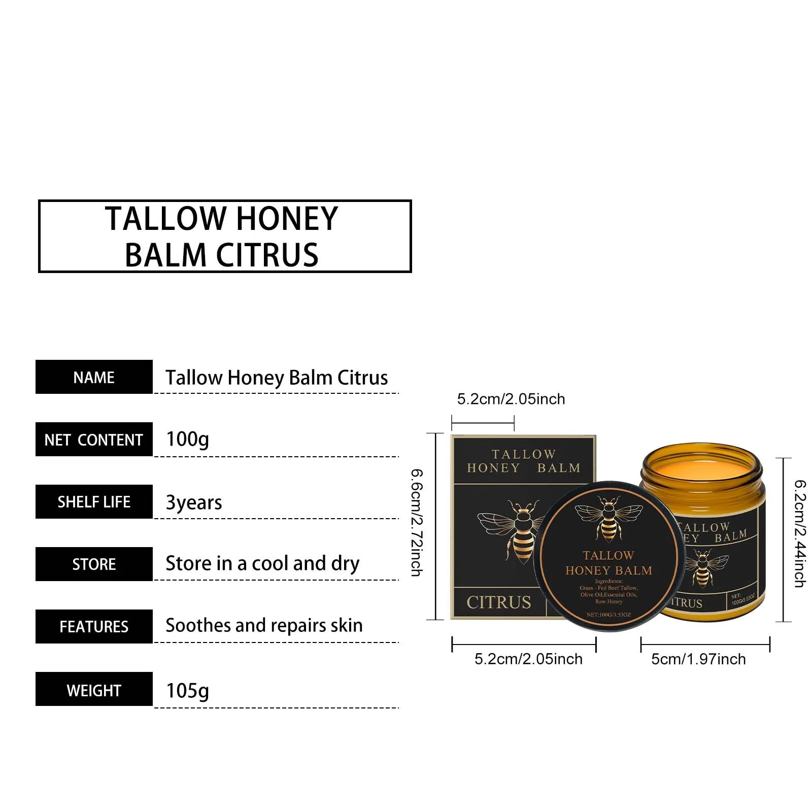 Organic Grass-Fed Beef Tallow Balm With Honey Soothen Nourishing Dry Skin Improves Elasticity Moisturizing Cream For Soft Smooth