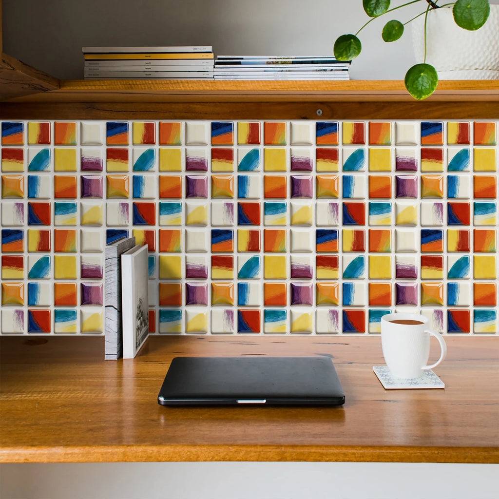 10pcs Flat Mosaic Tiles Sticker Set Kitchen Bathroom Wall Decals Gloss Waterproof Film 2D Surface Cover Transfers for Home Decor