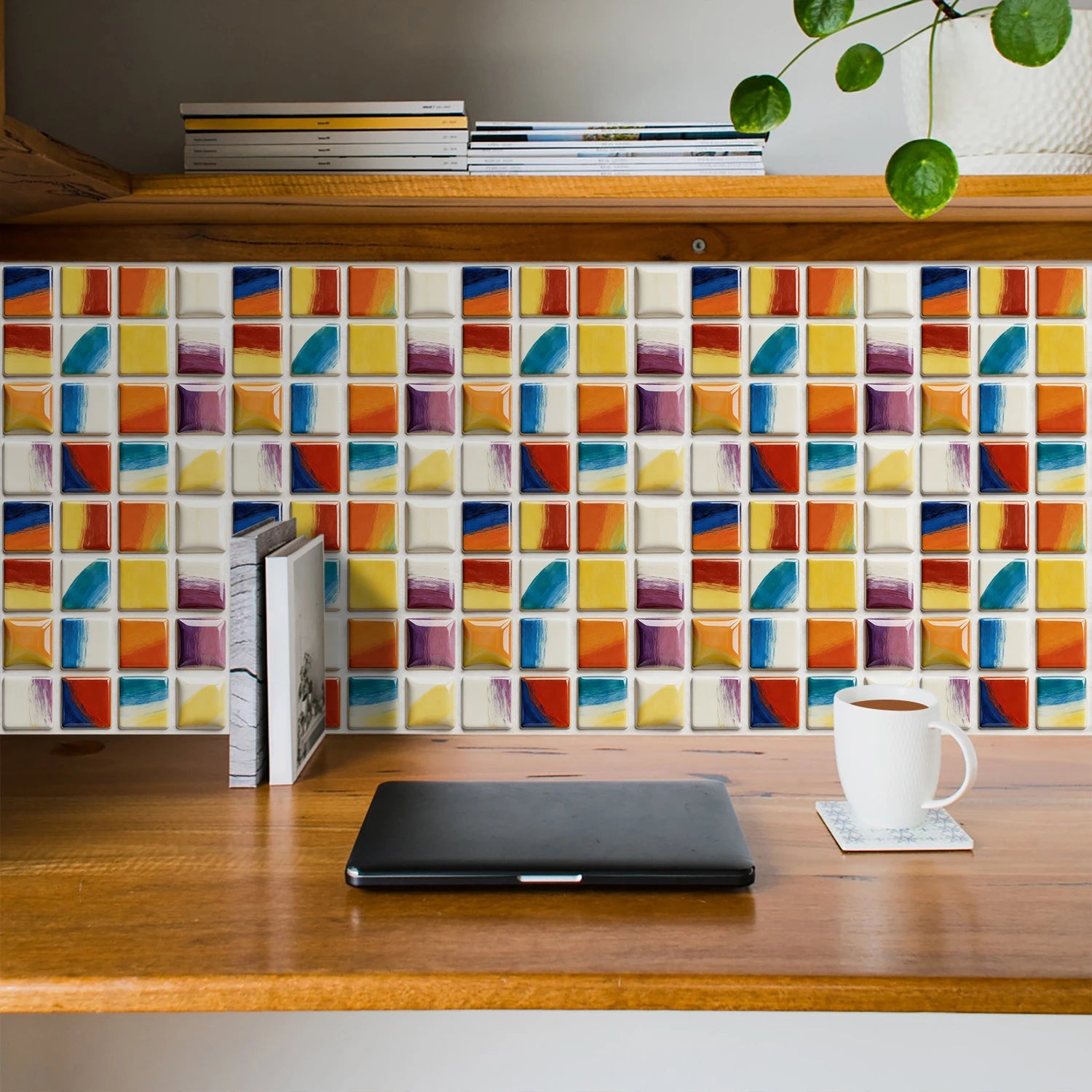 10pcs Flat Mosaic Tiles Sticker Set Kitchen Bathroom Wall Decals Gloss Waterproof Film 2D Surface Cover Transfers for Home Decor