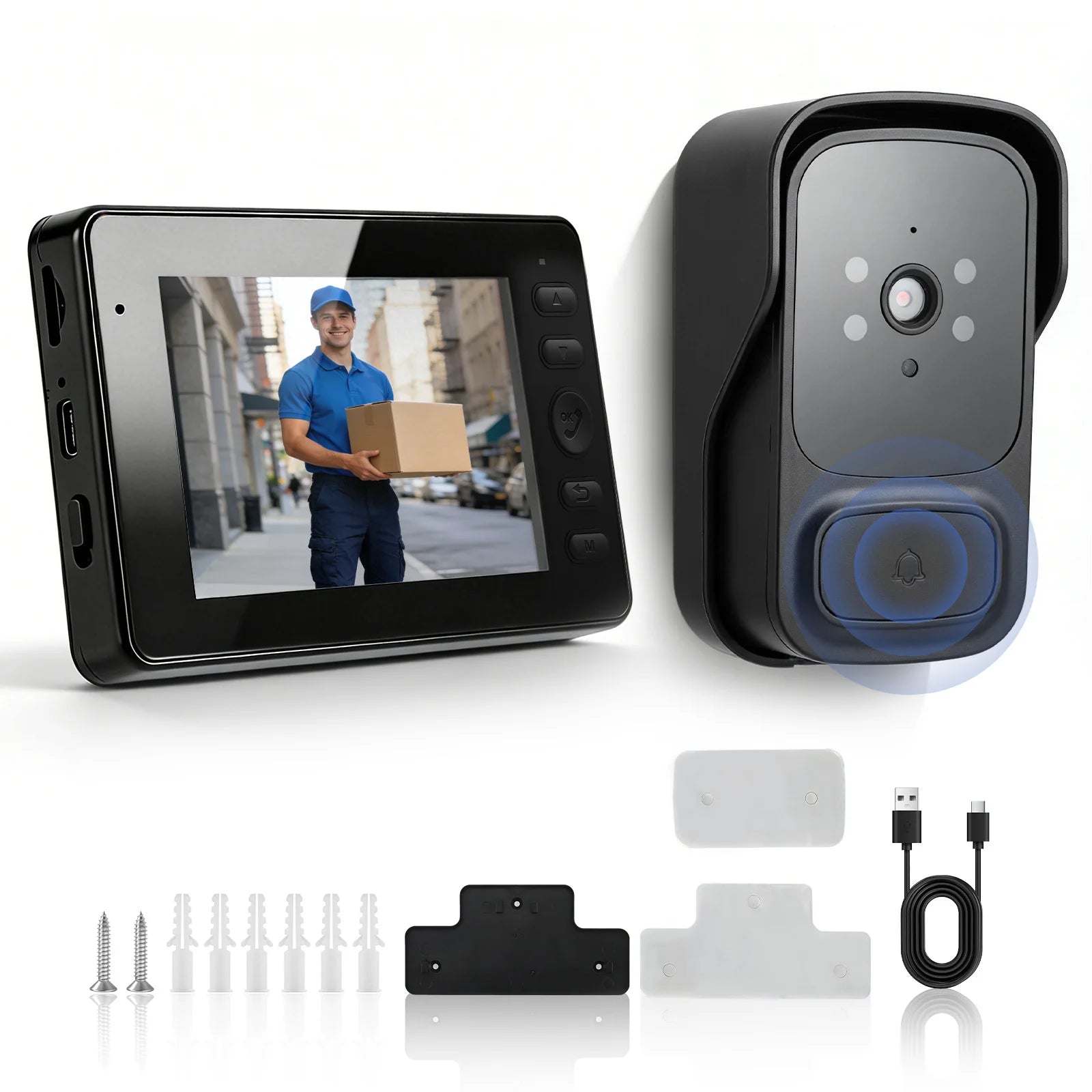 Outdoor Wireless Doorbell With Camera IP65 Waterproof 1080P HD 4.3" Screen 2.4G Video Doorbell Two-Way Audio Night Vision