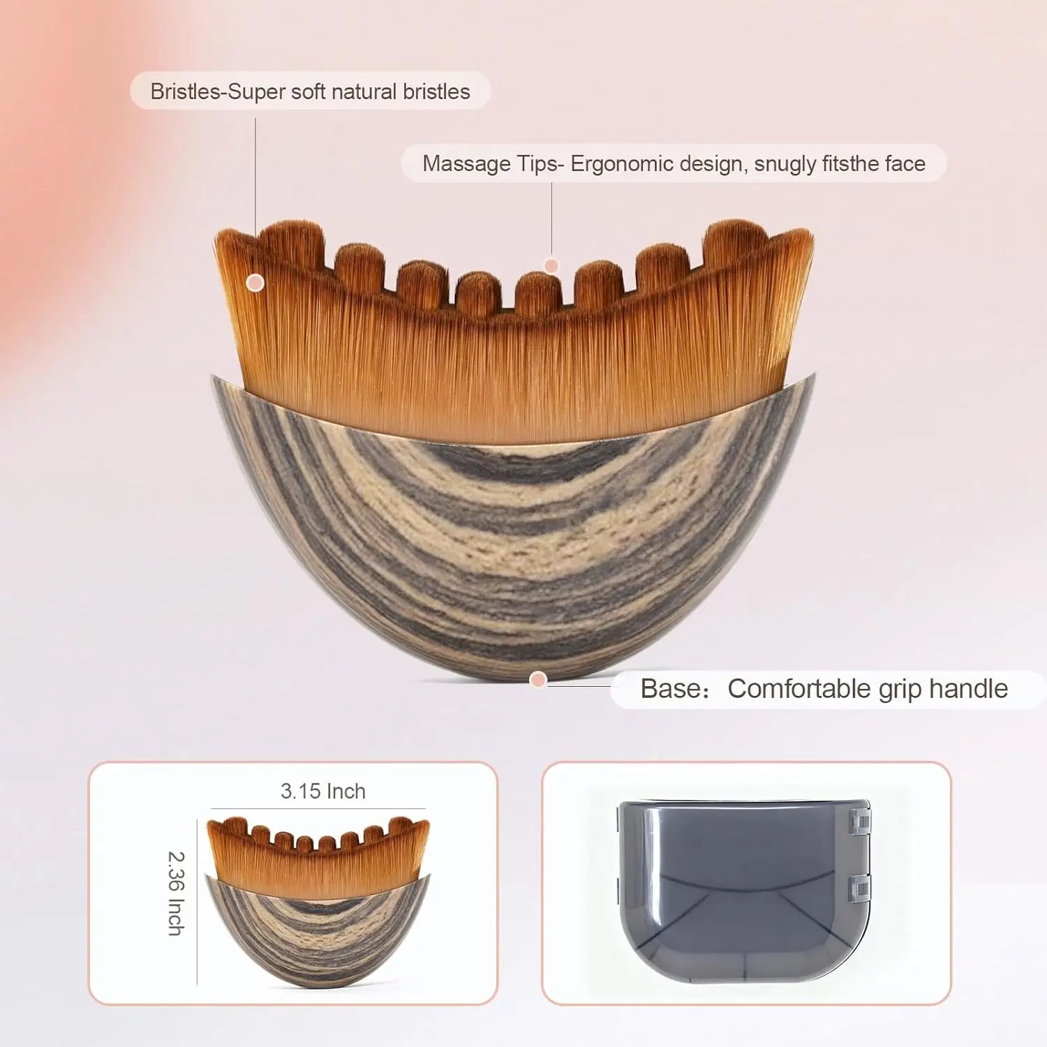Curved facial massage brush with brown ombre bristles, wood-grain handle, and a grey protective cover. 3.15 x 2.36