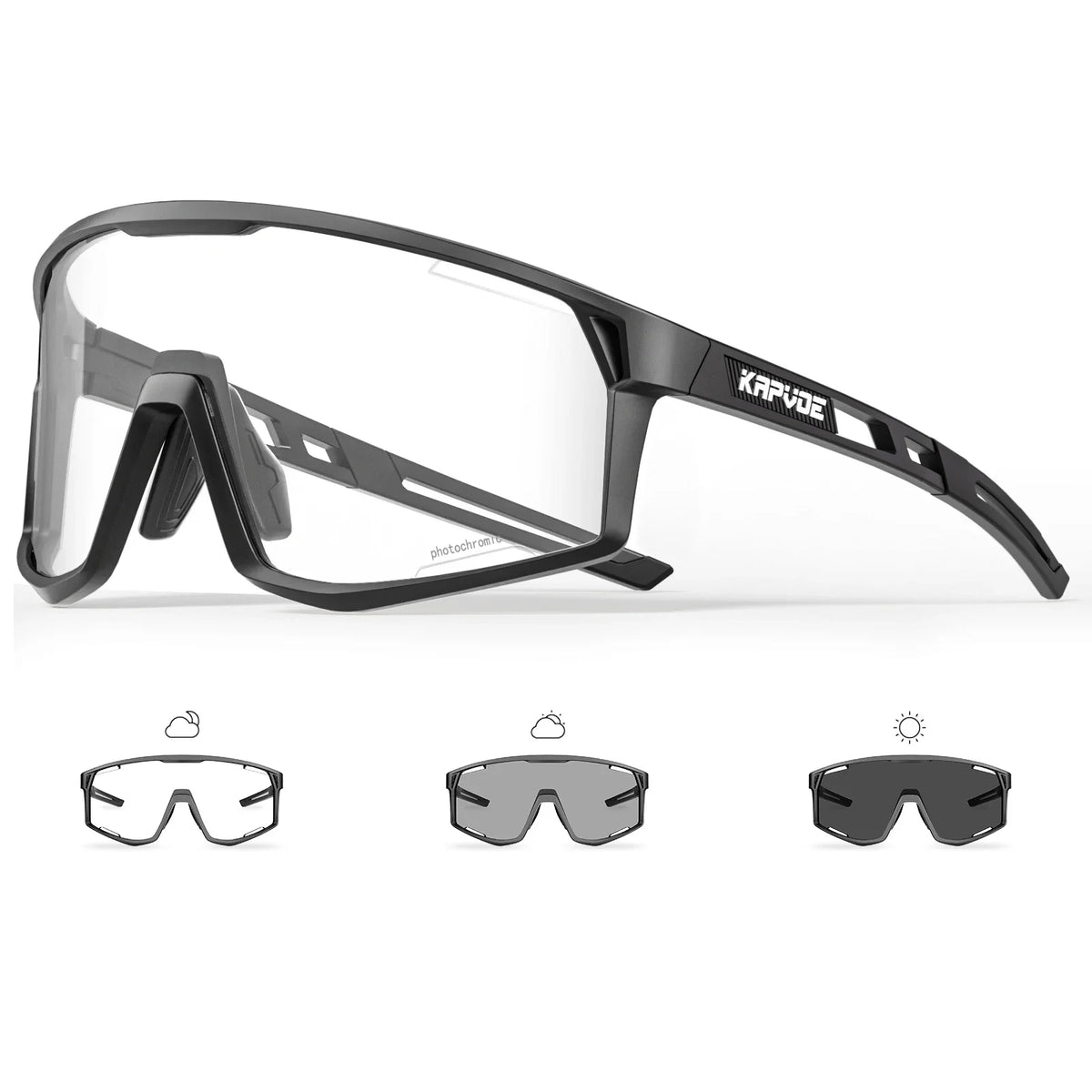 Dark-gray photochromic cycling goggles with large clear lens and three lens styles