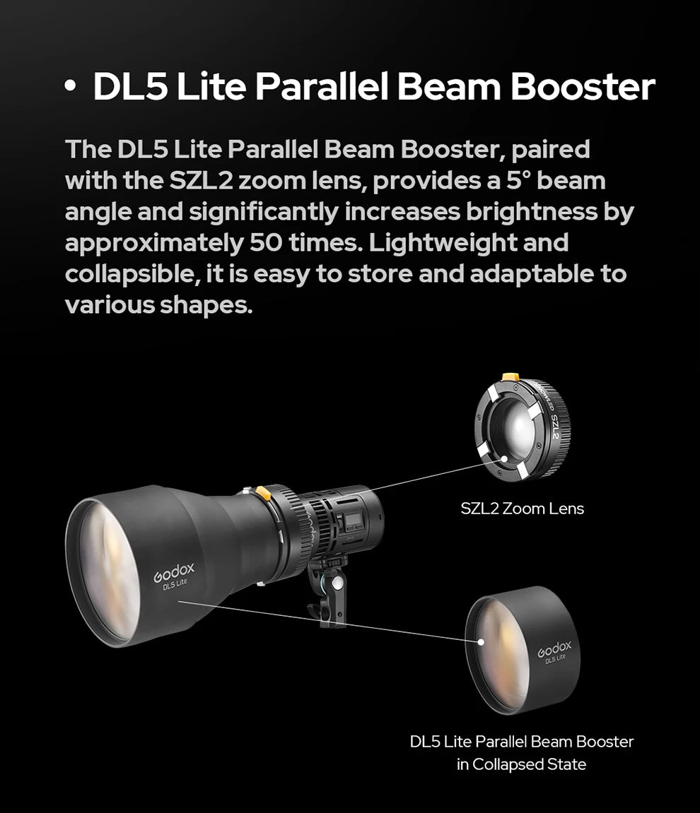 DL5 Lite Parallel Beam Booster and SZL2 zoom lens. Black, collapsible light modifier for focusing and brightening beams.