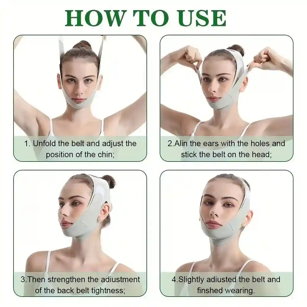 Four-step instructional guide showing a woman wearing a light gray, adjustable V-line face slimming bandage strap.