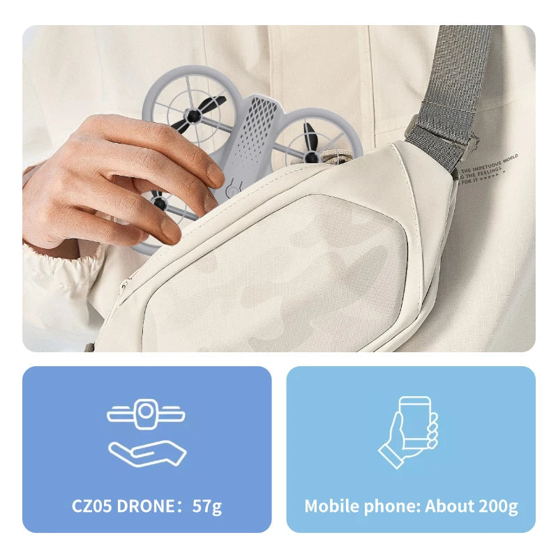 CZ05 gray mini drone with safety-caged propellers, small enough to carry in a crossbody bag. Weight is 57 grams.