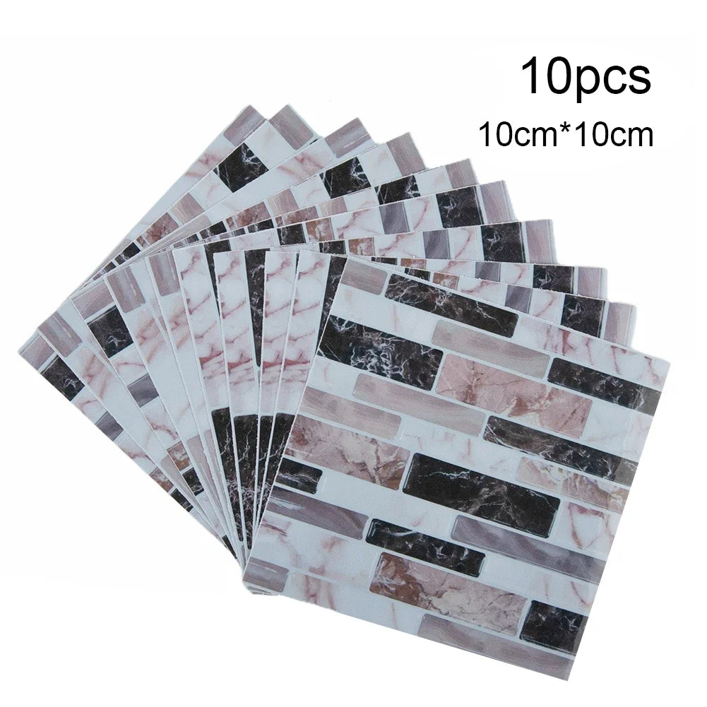 3D mosaic tile wall sticker set, white and pink marbled brick tiles with dark squares