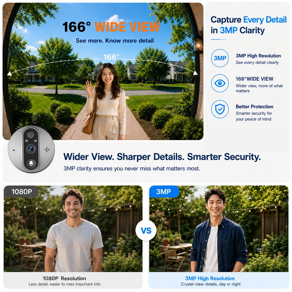 3MP Wi-Fi Tuya SmartLife Battery Powered 940nm No Visible Light Infrared Audio Video Door Eye Digital Viewer PIR Doorbell Camera