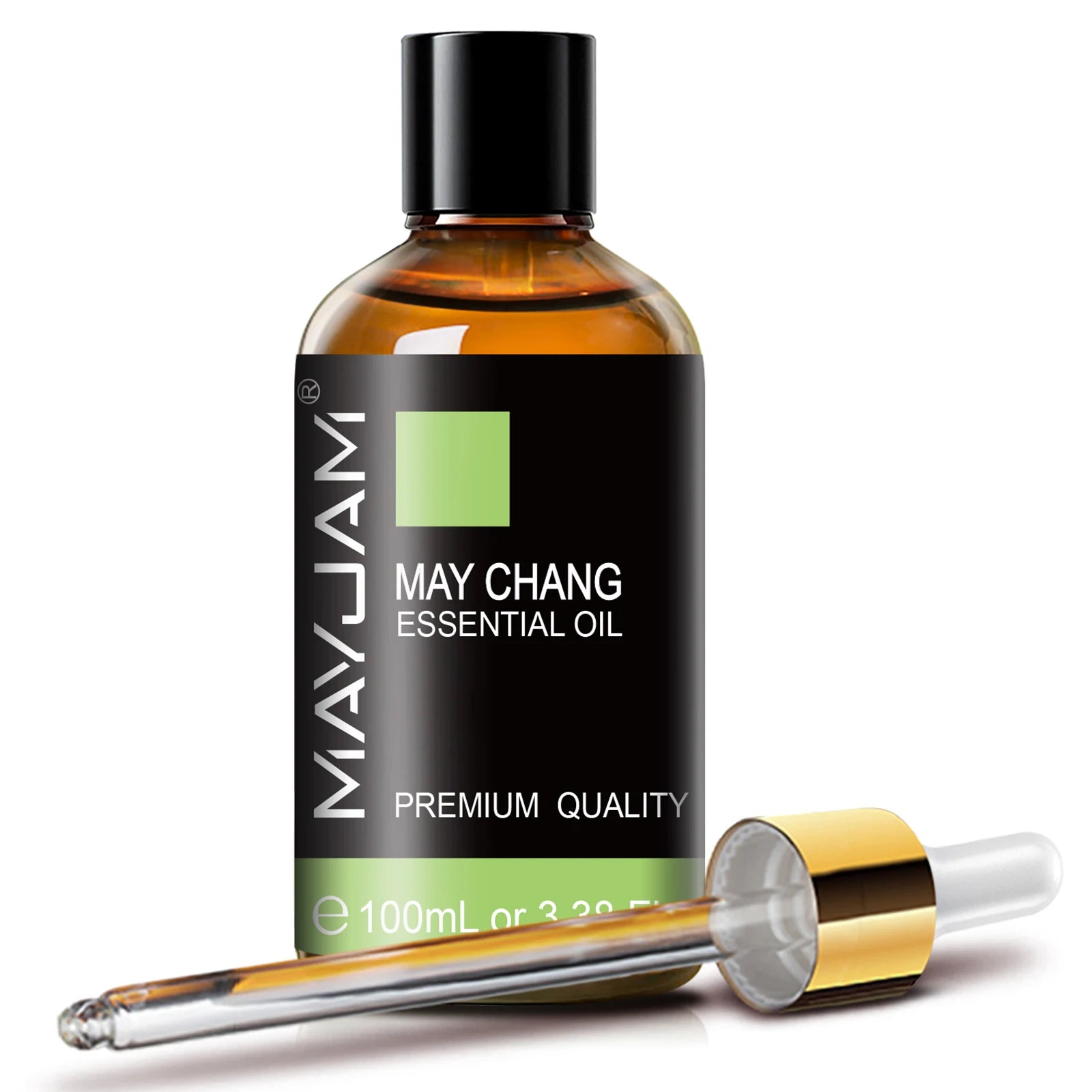 May chang essential oil, 100ml amber bottle with dropper and black cap.
