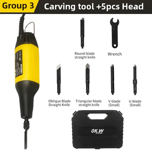 Carving chisel tool set with yellow handle, blade bits, and black storage case